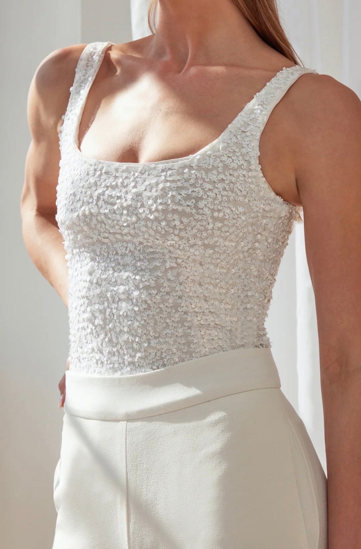 Dina Textured Sequin Bodysuit- White