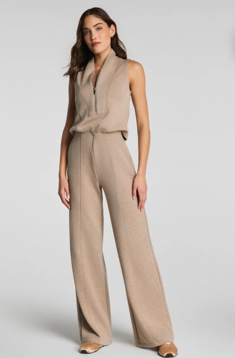 Shawl Collar Half Zip Jumpsuit- Dune Heather
