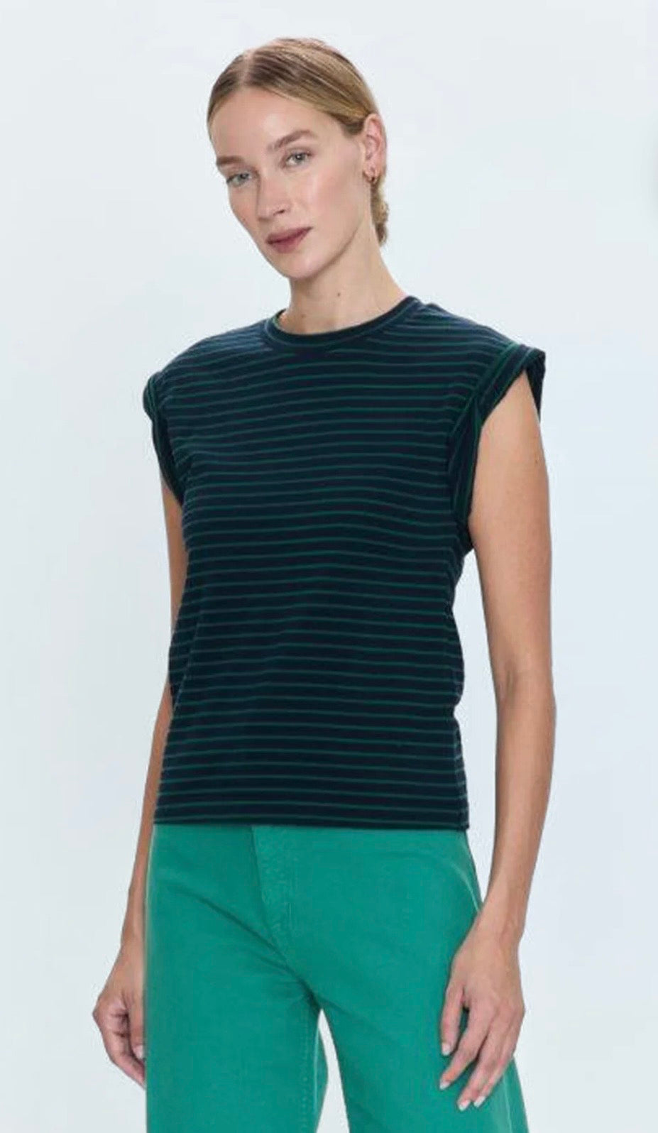 Olivia Twisted Sleeve Marina- Navy/Green Stripe