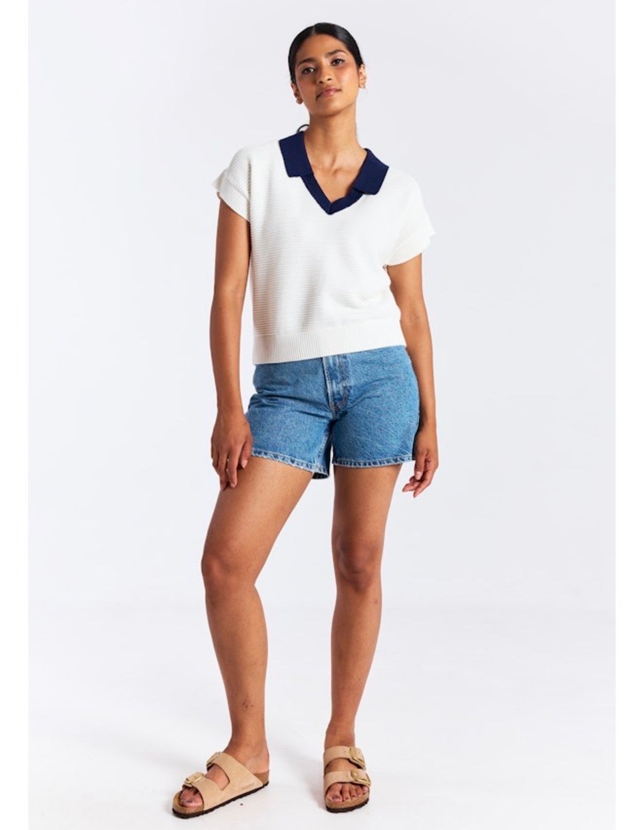 Rippled V Neck Vest- Ivory and Navy