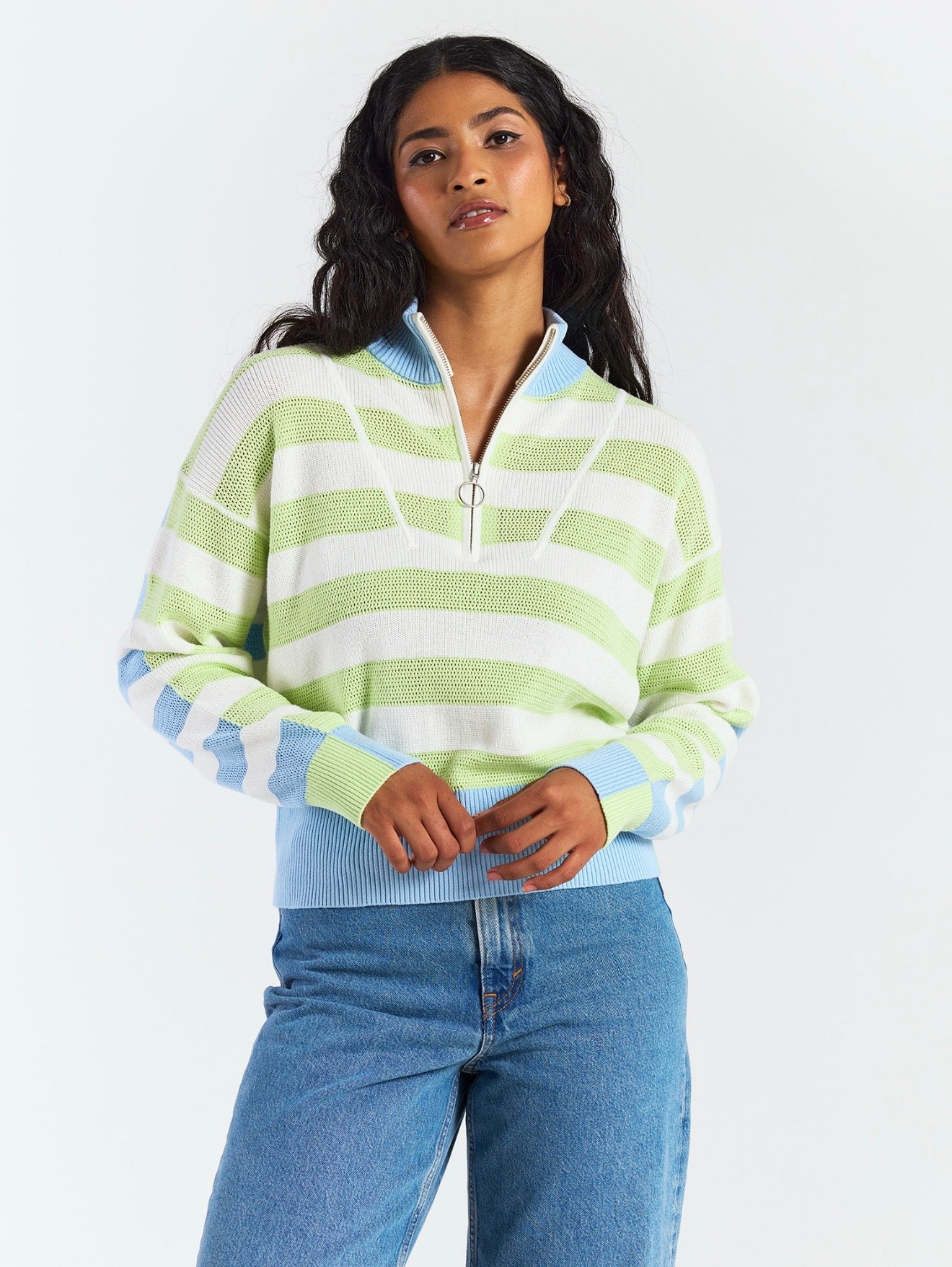 Mesh Stripe Half Zip- Pastel Green & Sky